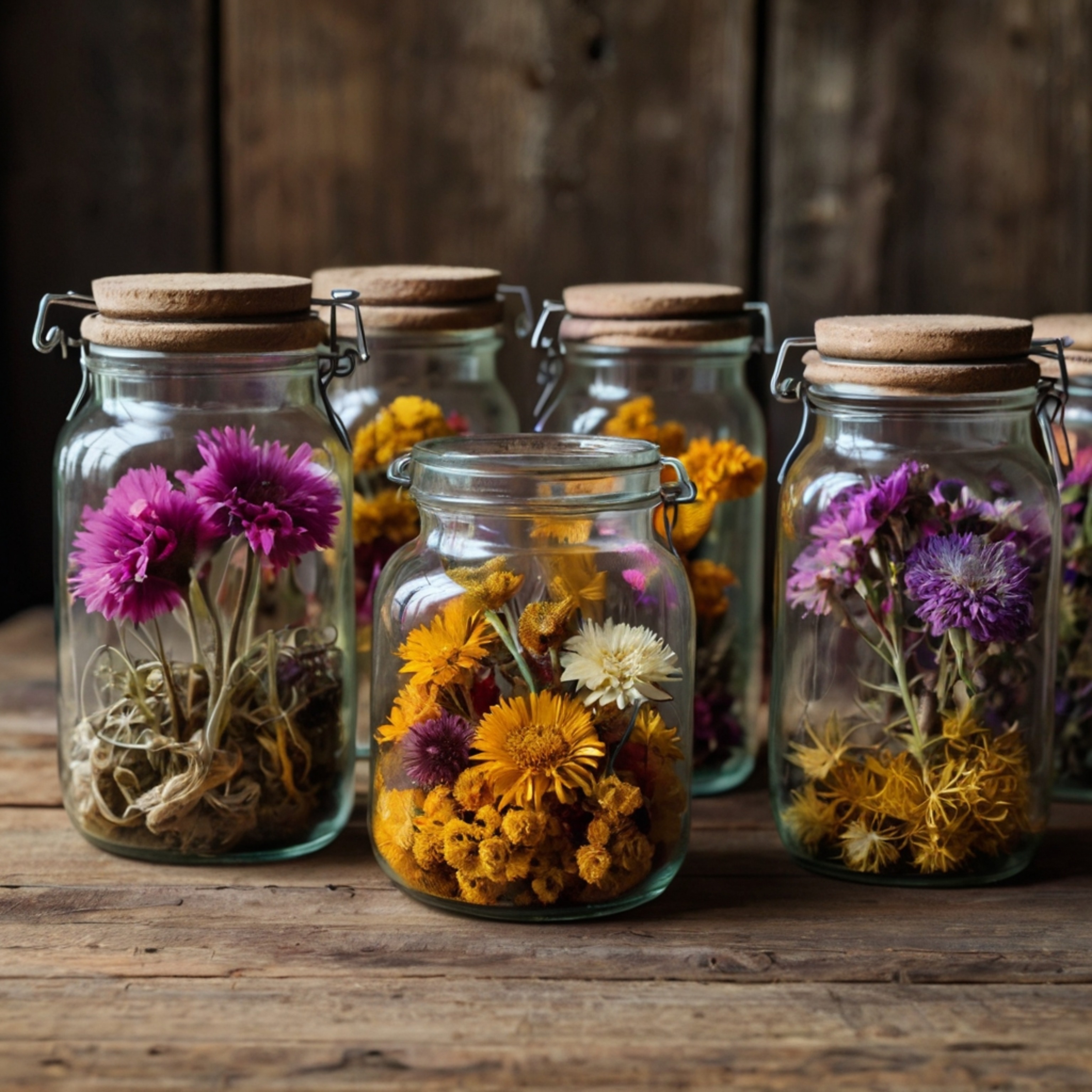 This image showcases a charming display of colorful dried flowers carefully arranged within clear glass jars. The arrangemen