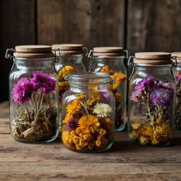 This image showcases a charming display of colorful dried flowers carefully arranged within clear glass jars.  The arrangemen