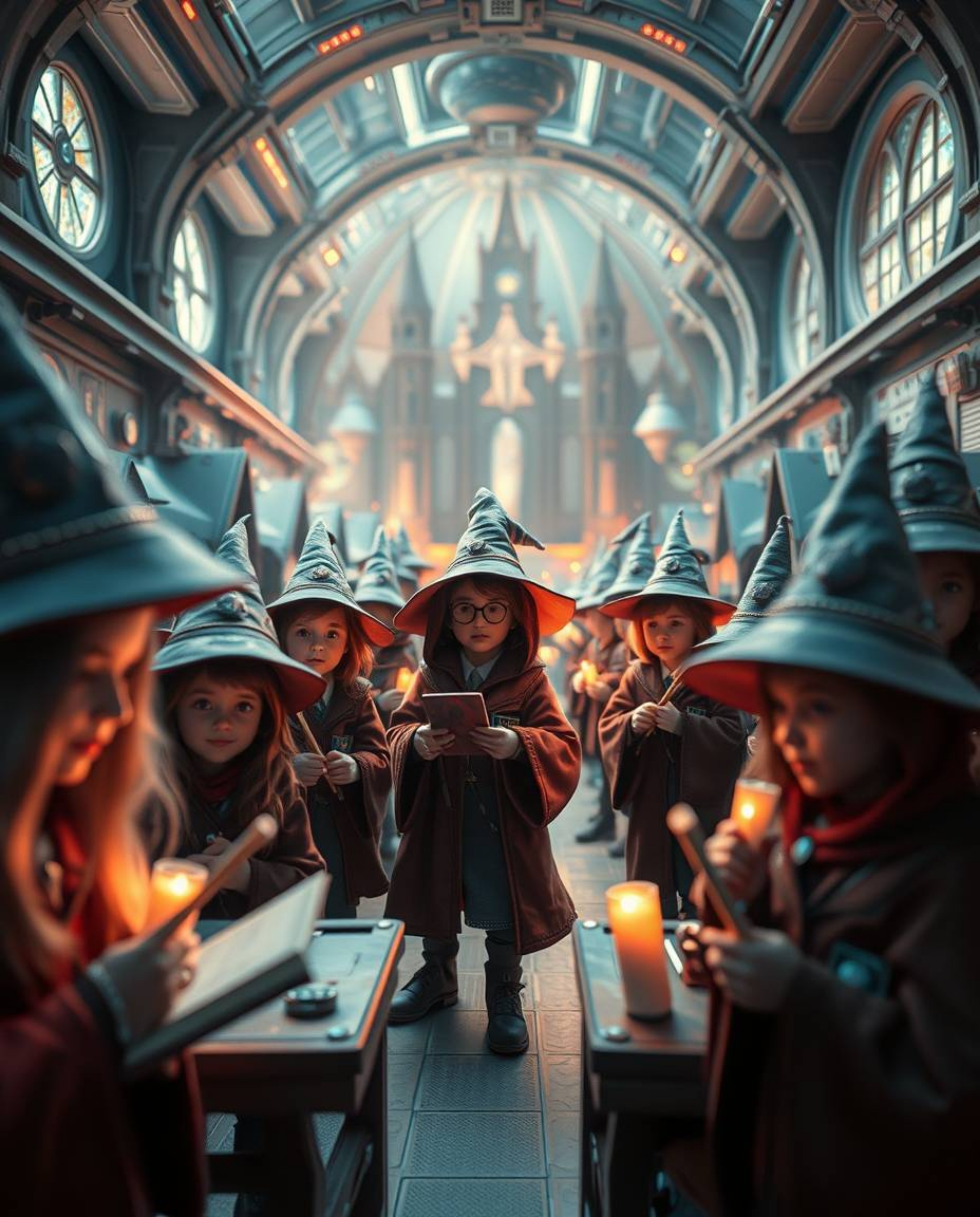 Explore a breathtakingly detailed futuristic sci-fi magical school through an extreme macro lens. Witness young wizards immer
