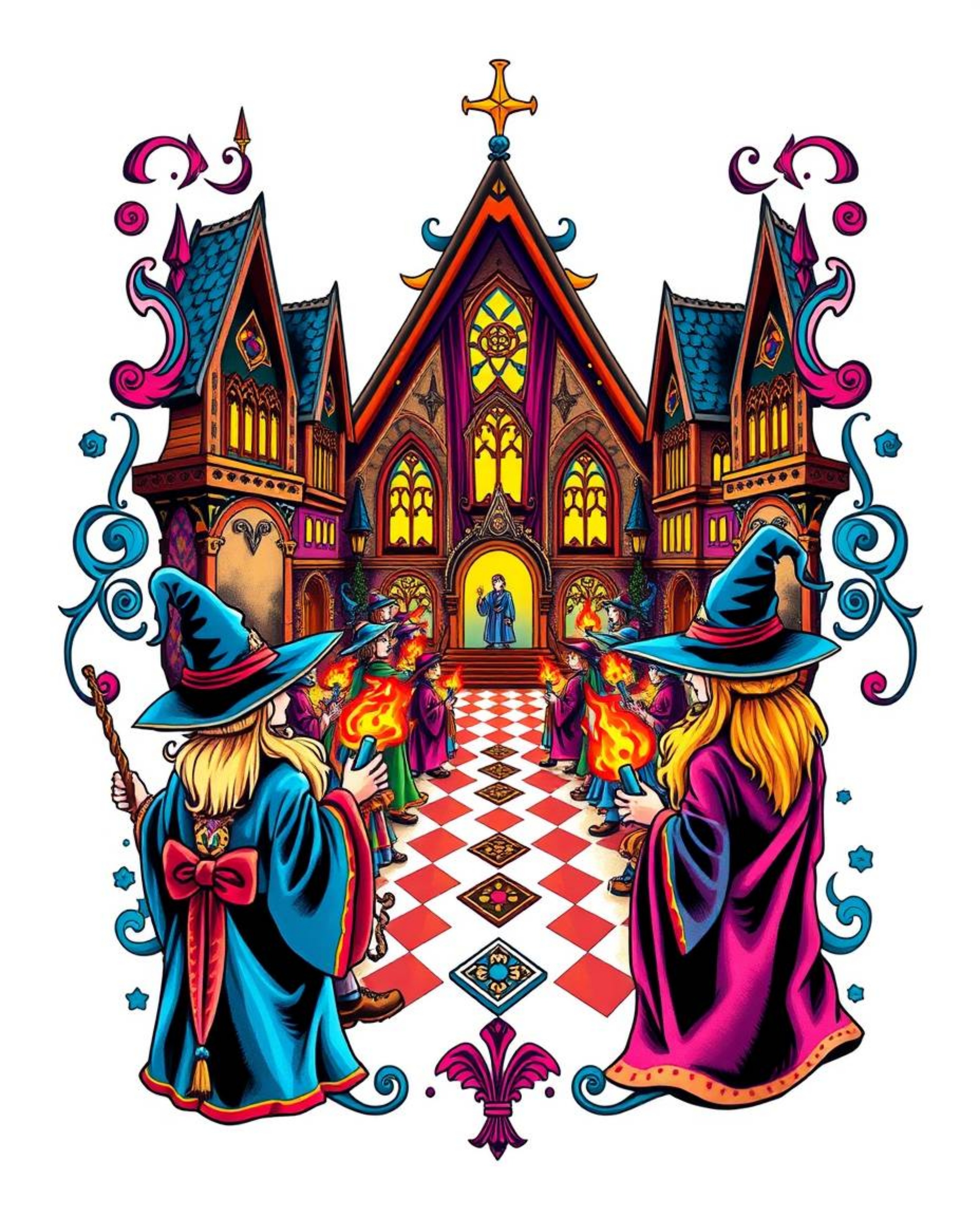 This symbolic traditional tattoo art print depicts a magical school brimming with young wizards, rendered in electric vivid c