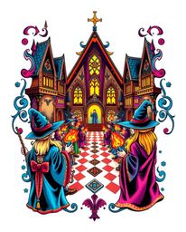 This symbolic traditional tattoo art print depicts a magical school brimming with young wizards, rendered in electric vivid c