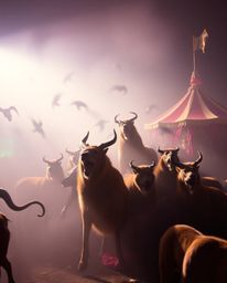 Imagine a vibrant carnival unexpectedly overrun by wild animals, bathed in a strong, direct light that casts striking shadows