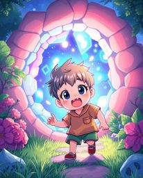 A child with expressive anime features stumbles upon a vibrant, magical portal hidden in their own backyard, sparking an isek