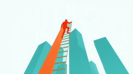 This image represents the abstract concept of success through a captivating visual. A businessperson ascends a transparent la