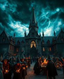 A magical school brimming with young wizards is set against a backdrop of intense dramatic stormy skies, creating a palpable 