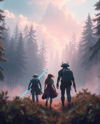 Explore a vast, modern future forest with a group of friends showcasing their unique powers. This epic scene is captured on a
