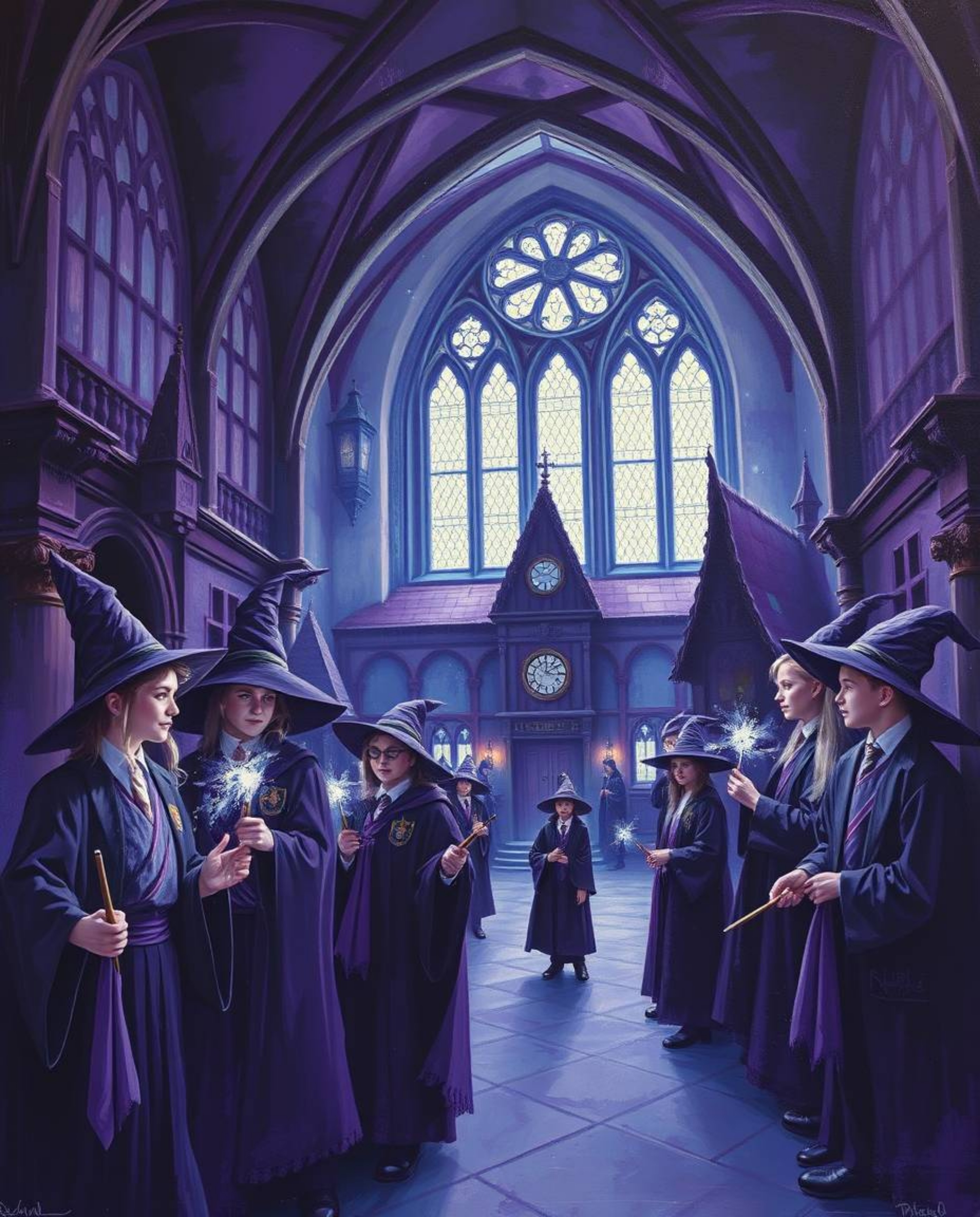 This classic oil painting captures the enchanting atmosphere of a magical school teeming with young wizards. Rendered in deep