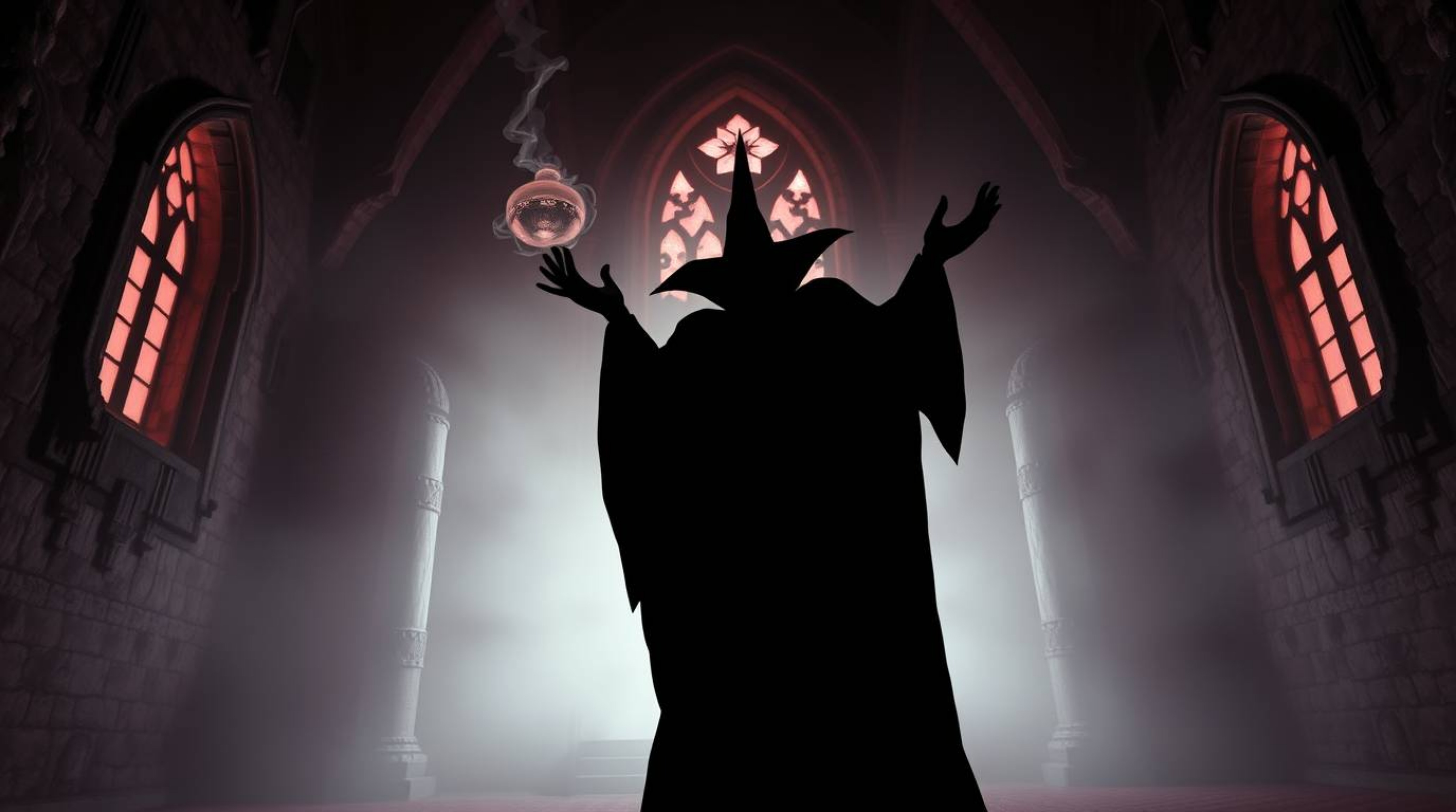 A captivating image depicting a silhouetted Disney villain casting a spell within an ancient castle. Rendered in surreal inf