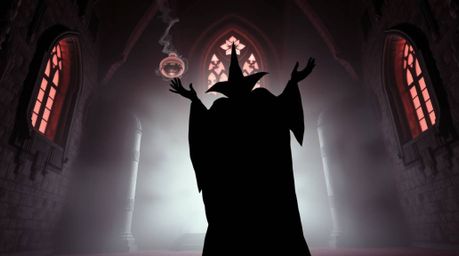 A captivating image depicting a silhouetted Disney villain casting a spell within an ancient castle.  Rendered in surreal inf