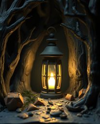 A captivating scene of a glowing lantern amidst a dark and stormy forest, rendered in a unique sculptural clay art style. The