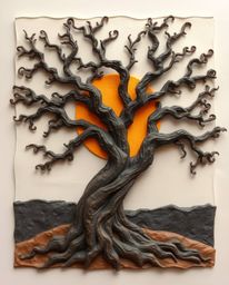 A sculpted papier-mâché artwork depicting a graceful and elegant sunset behind an old oak tree with twisted branches. This un