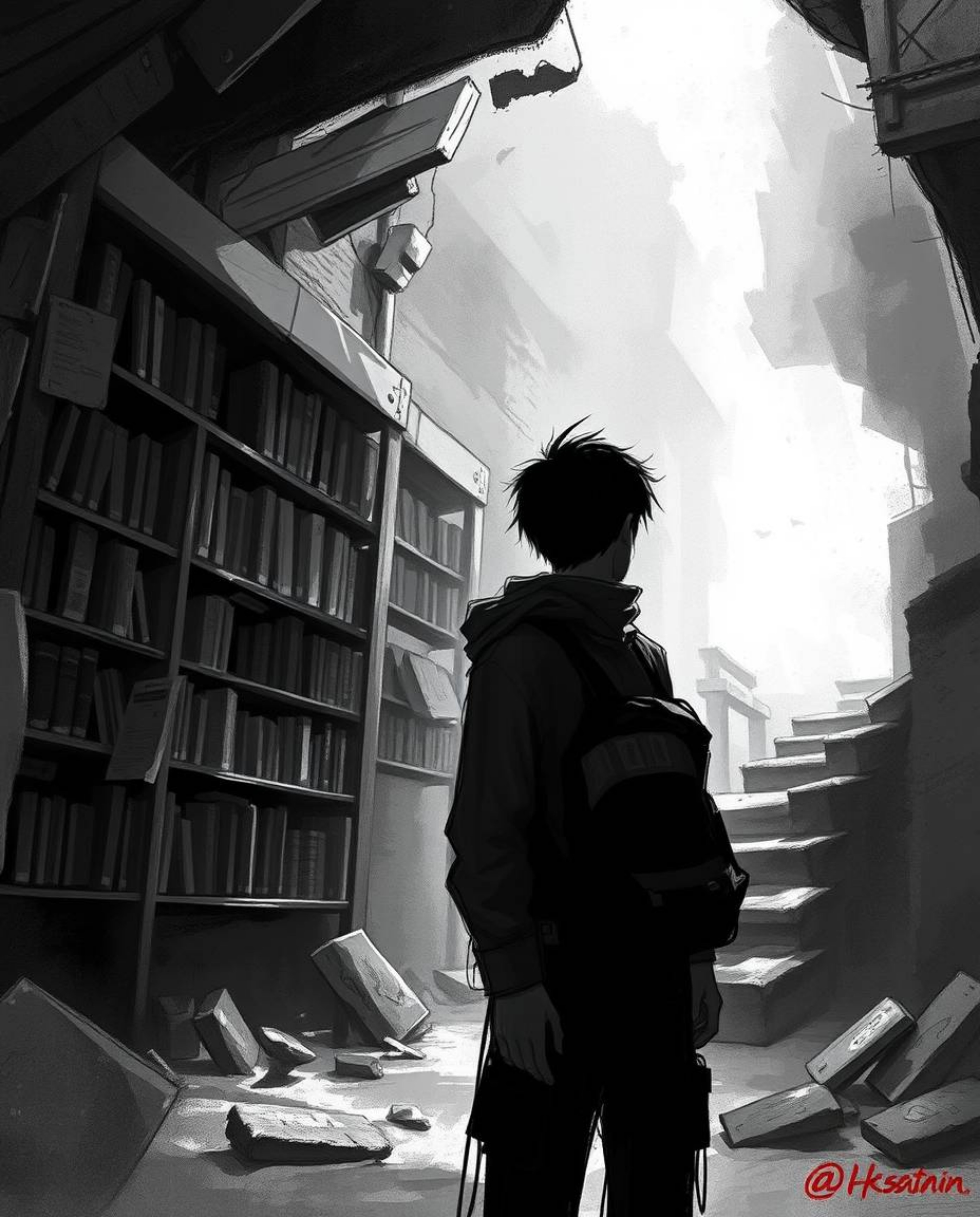 A dynamic digital sketch showcasing a person discovering a hidden underground library, rendered in classic black and white wi