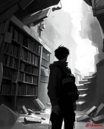 A dynamic digital sketch showcasing a person discovering a hidden underground library, rendered in classic black and white wi
