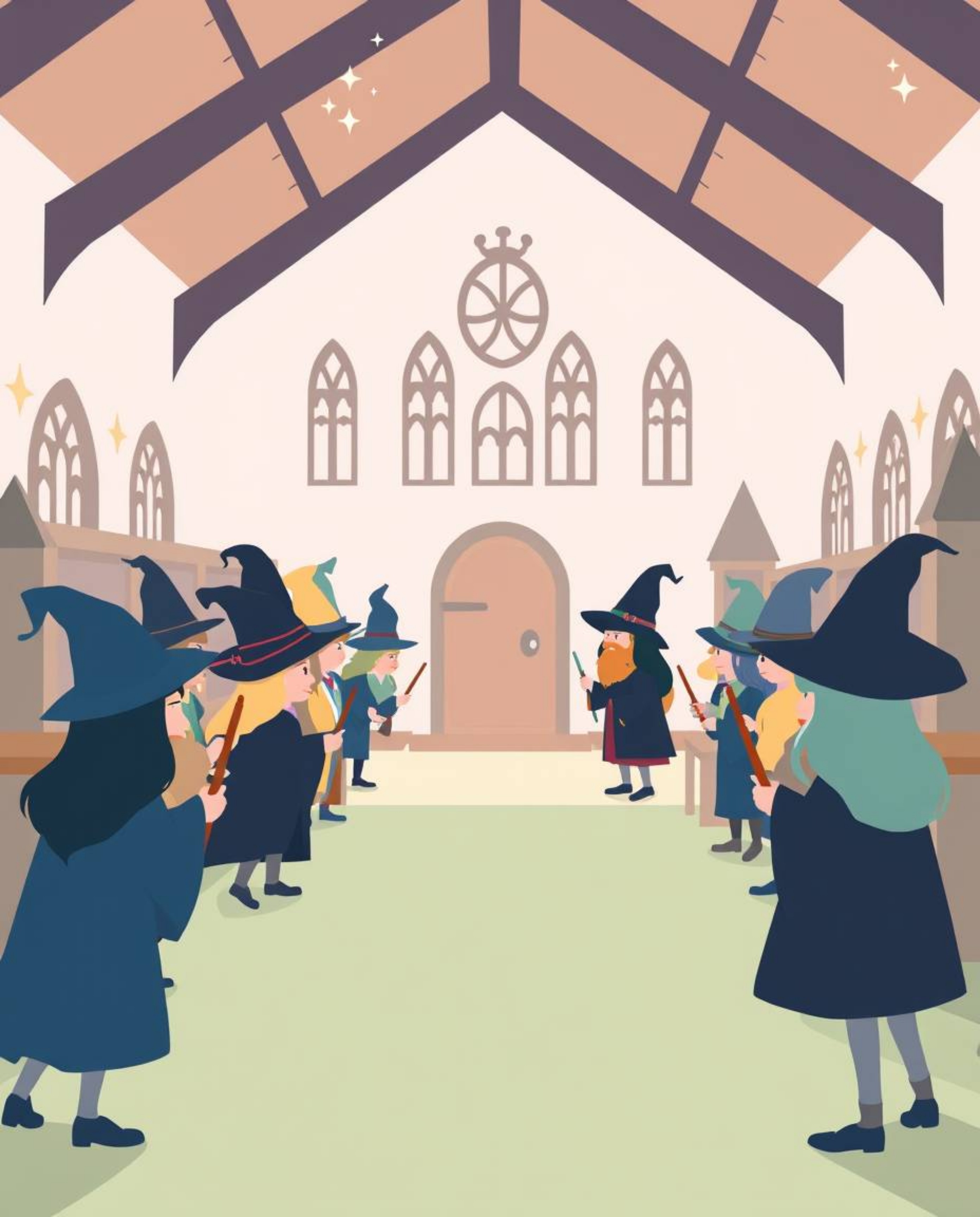Explore a modern flat design illustration of a magical school teeming with young wizards, rendered in soft pastel colors for 