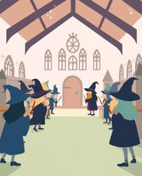 Explore a modern flat design illustration of a magical school teeming with young wizards, rendered in soft pastel colors for 