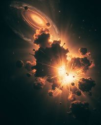 Witness a mesmerizing cosmic event: colliding galaxies rendered in a gentle, soft light with an eerie atmosphere.  Dark tones