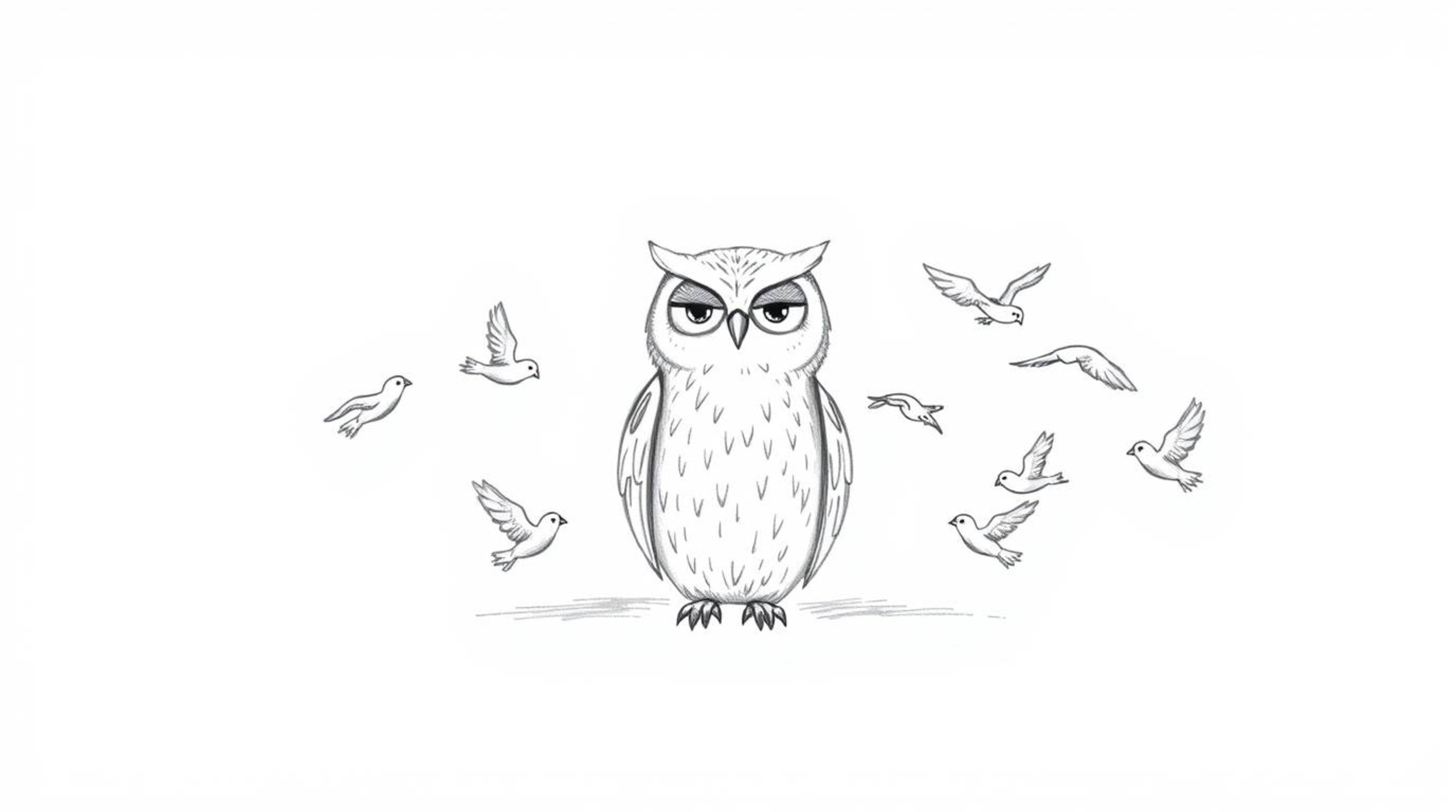 A heartwarming, hand-drawn Pixar-style illustration depicting a blind owl calmly teaching young birds to fly.  The rough line