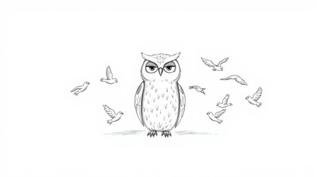 A heartwarming, hand-drawn Pixar-style illustration depicting a blind owl calmly teaching young birds to fly.  The rough line