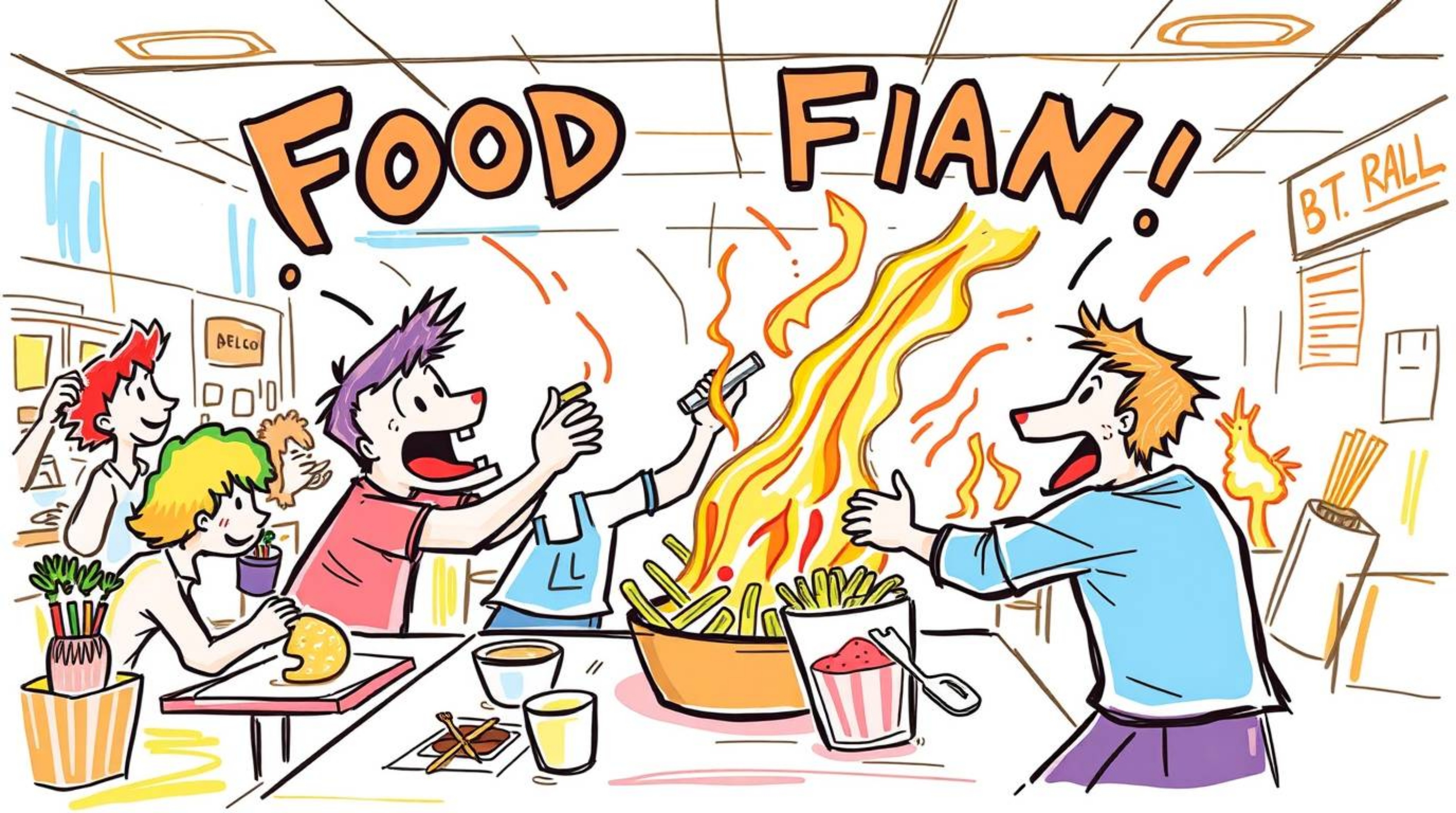 Experience the chaos of a cartoon cafeteria in this vibrant, hand-drawn sketch of a wild food fight. Rendered in a dynamic sk