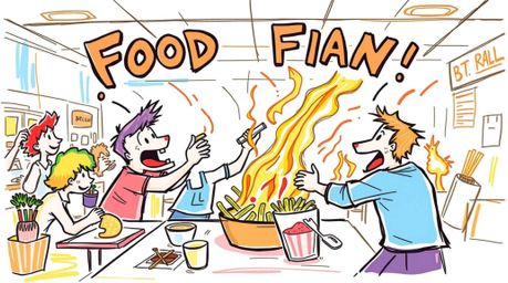 Experience the chaos of a cartoon cafeteria in this vibrant, hand-drawn sketch of a wild food fight. Rendered in a dynamic sk