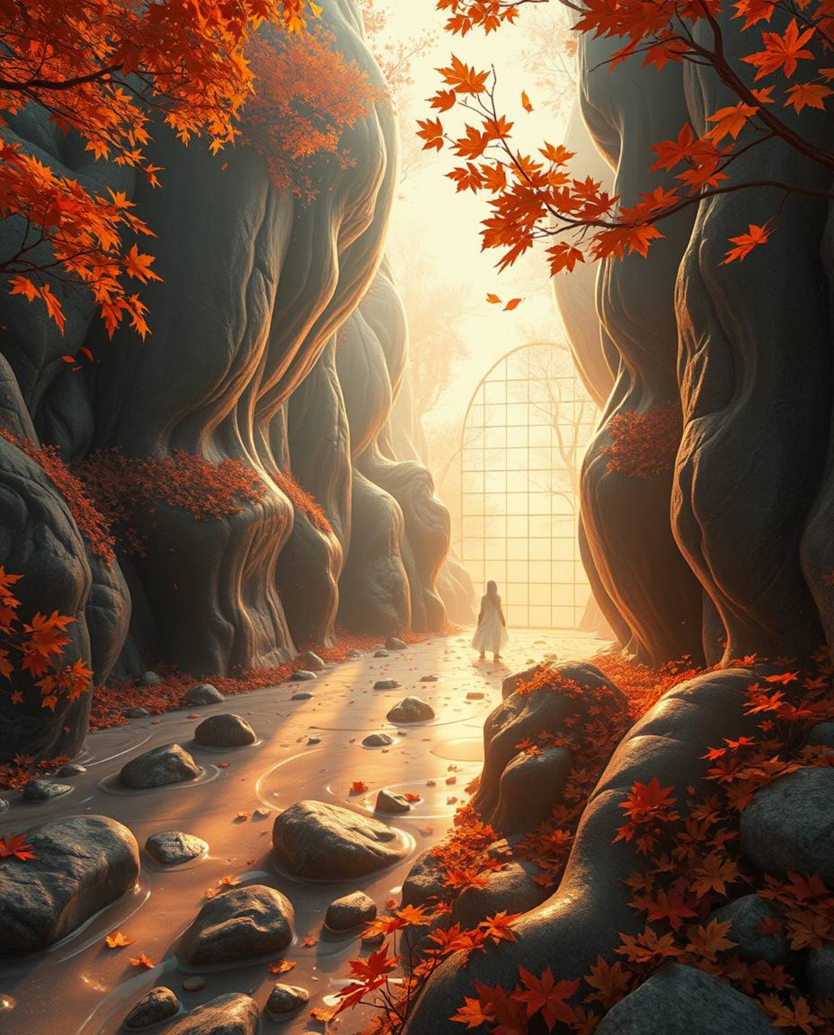 Experience a unique fusion of Isekai anime aesthetics with a hyperrealistic sci-fi backdrop. Warm autumn colors bathe surreal