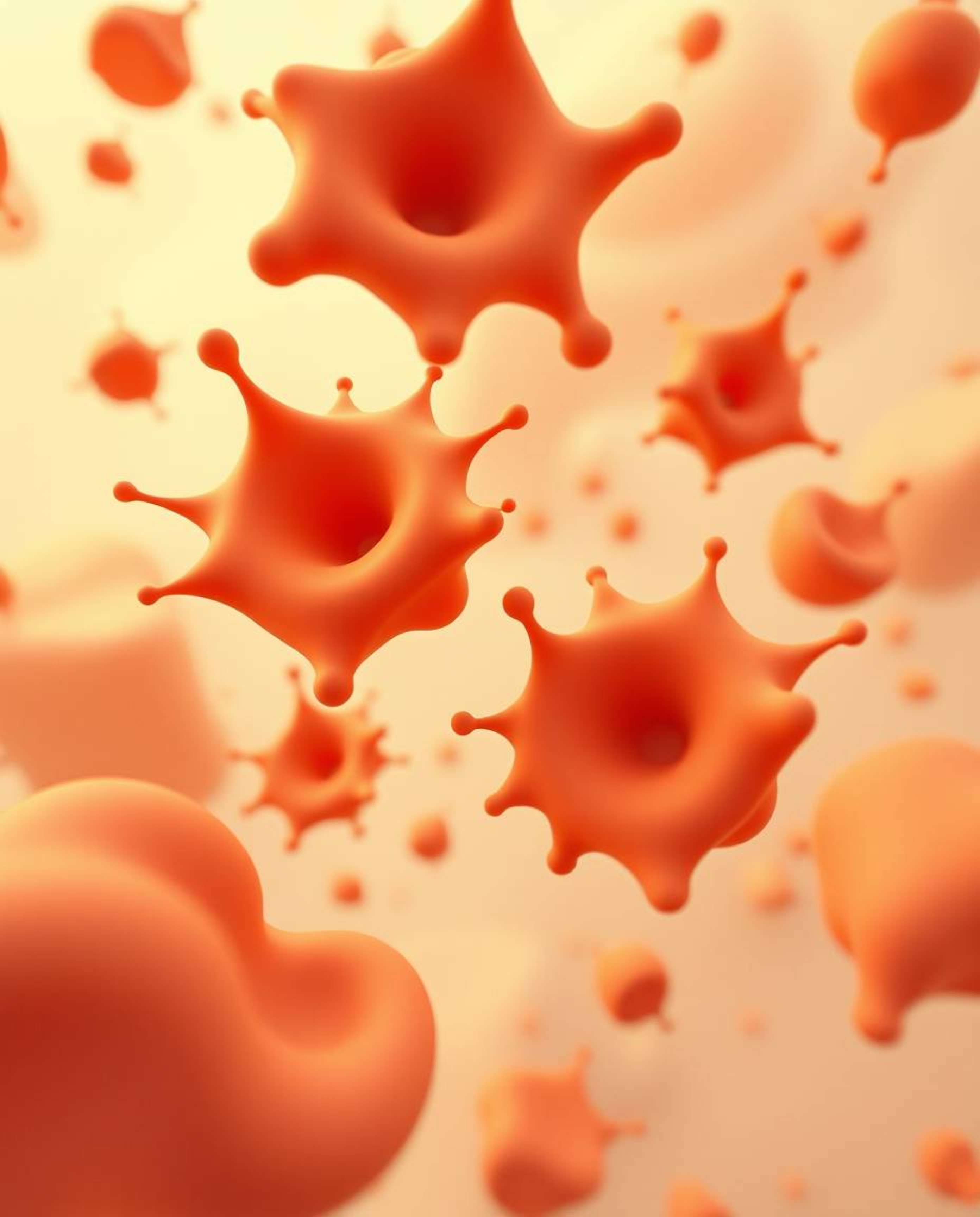 Immerse yourself in a surreal digital art space featuring warm, autumnal-colored abstract 3D splash shapes gracefully floatin