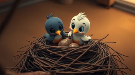 This collection features stunning fine art photographs capturing the whimsical scene of two cartoon birds diligently building