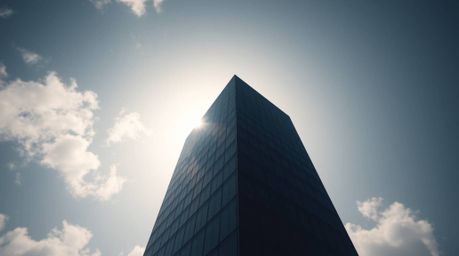 This captivating image features a modern glass building silhouetted against a sky filled with soft, dissolving clouds, employ