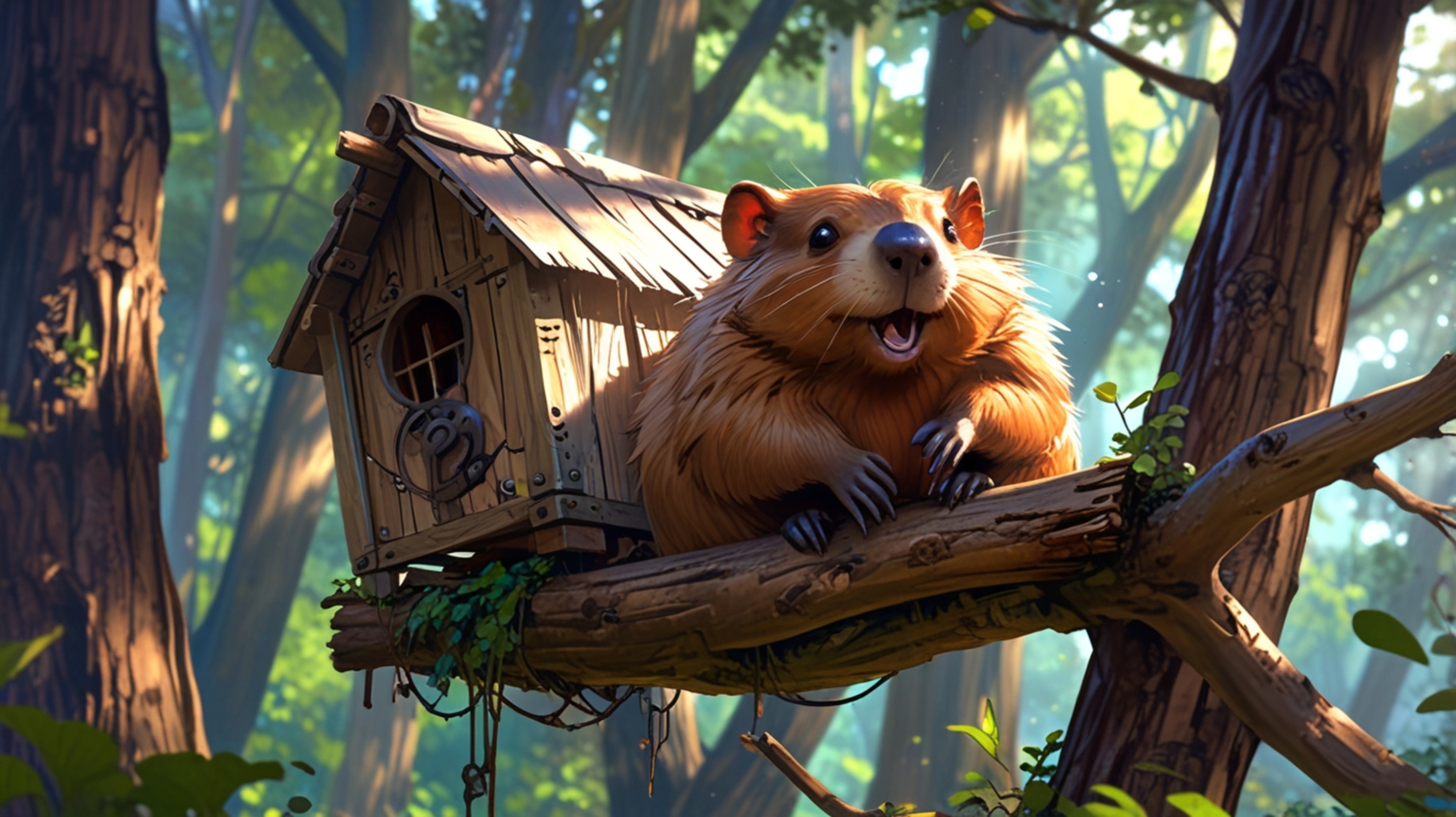 In a lively and heartwarming scene, created with the charm of Pixar and the dynamic energy of anime, a kind beaver enjoys a m