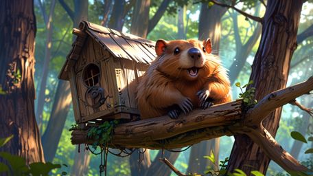 In a lively and heartwarming scene, created with the charm of Pixar and the dynamic energy of anime, a kind beaver enjoys a m