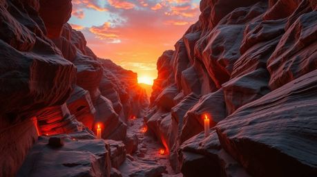 Experience the serenity of a rocky canyon bathed in the warm hues of a setting sun, illuminated by the soft glow of candlelig