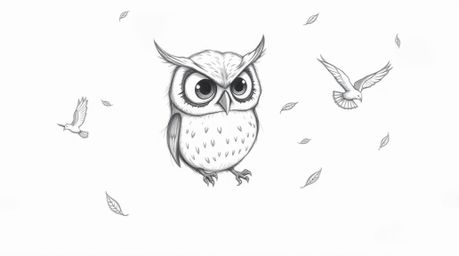 A heartwarming hand-drawn pencil sketch depicts a blind owl with large, expressive eyes in a Pixar-esque style. The owl is gr