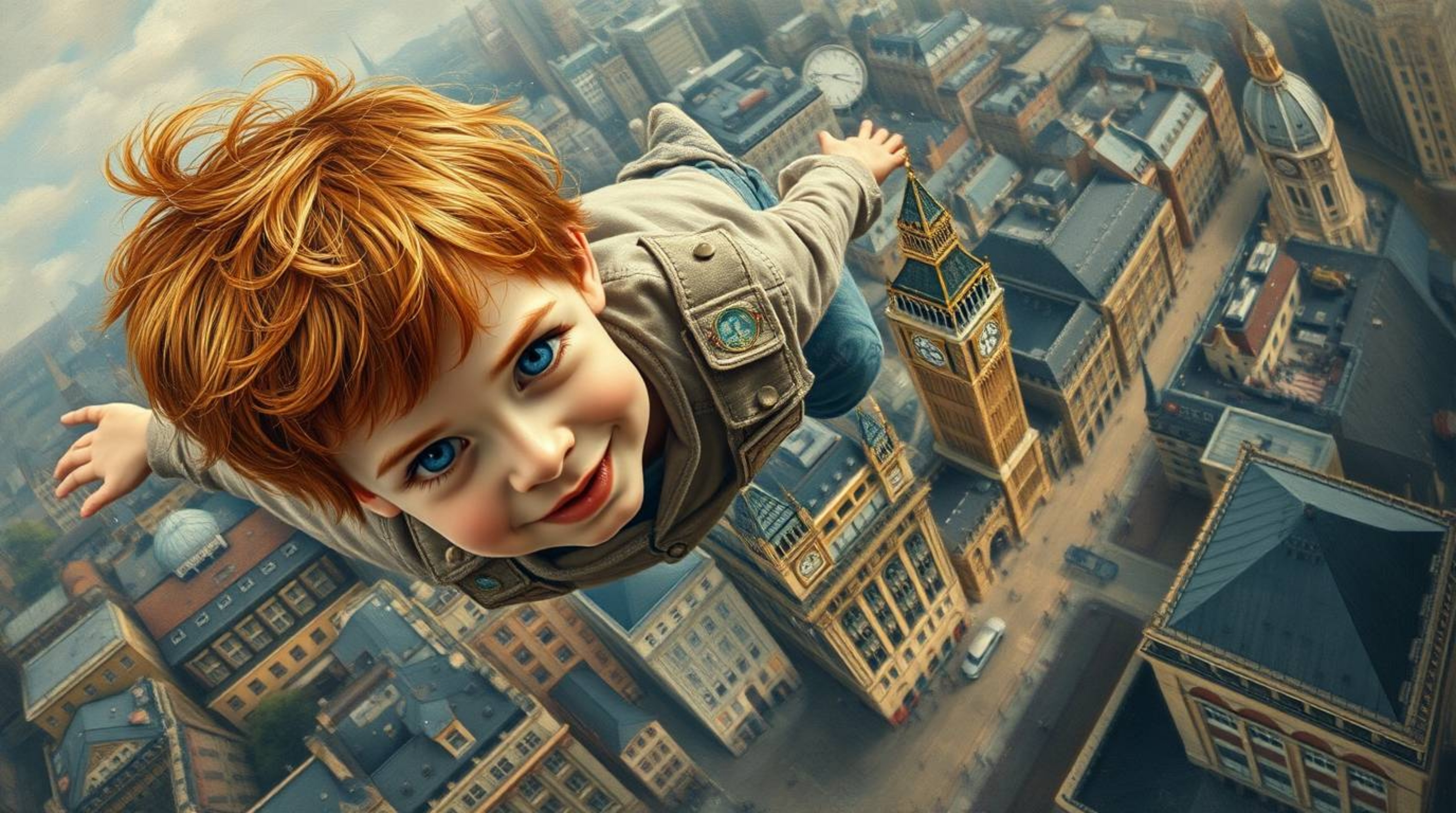 Experience a breathtaking bird's eye view in this classic oil painting depicting a young boy with reddish-blond hair soaring 
