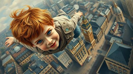 Experience a breathtaking bird's eye view in this classic oil painting depicting a young boy with reddish-blond hair soaring 