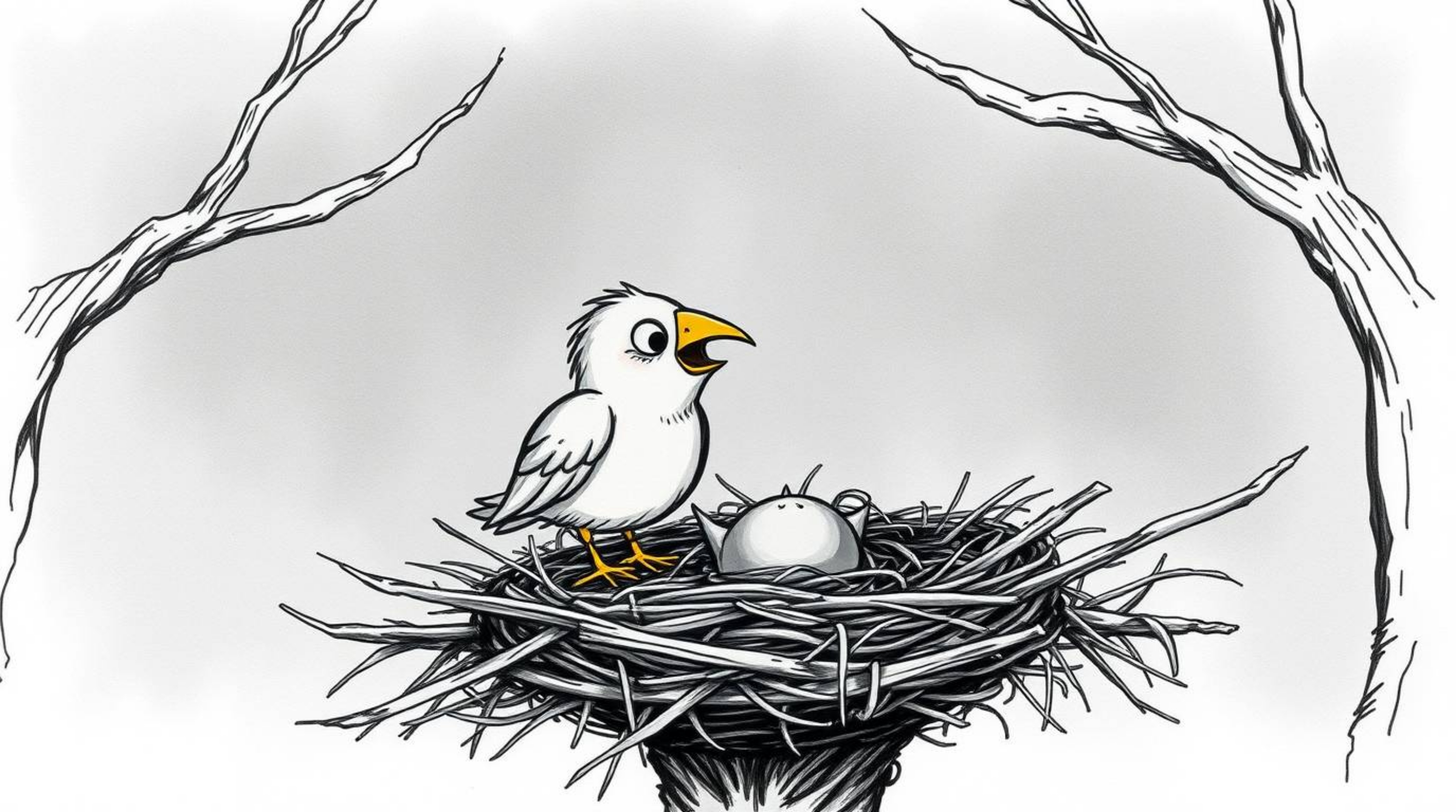 A hand-drawn sketch in a color sketchnote style depicts two cartoon birds building a nest. The classic animation style is inf