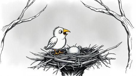 A hand-drawn sketch in a color sketchnote style depicts two cartoon birds building a nest. The classic animation style is inf