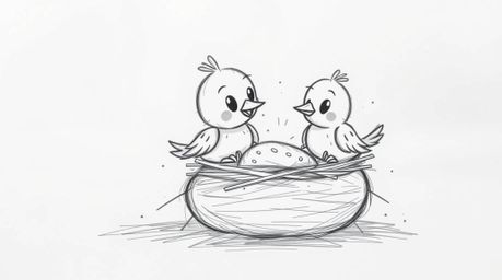 A charming hand-drawn sketch depicts two adorable cartoon birds diligently constructing their nest. Rendered in a classic an