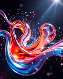 Experience the mesmerizing beauty of glassy fluid 3D shapes in constant motion, enveloped in a radiant aura of glowing partic