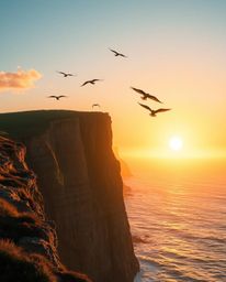 This image portrays a stunning sunset over a coastal cliff, where soaring birds grace the sky. The scene is bathed in a warm 