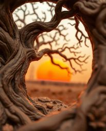 An extreme macro close-up of a sculptural clay art piece depicting a sunset behind an old oak tree with twisted branches. The