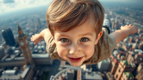 An adorable young boy with fair skin is soaring above the vibrant London cityscape, powered by magical pixie dust. The scene 