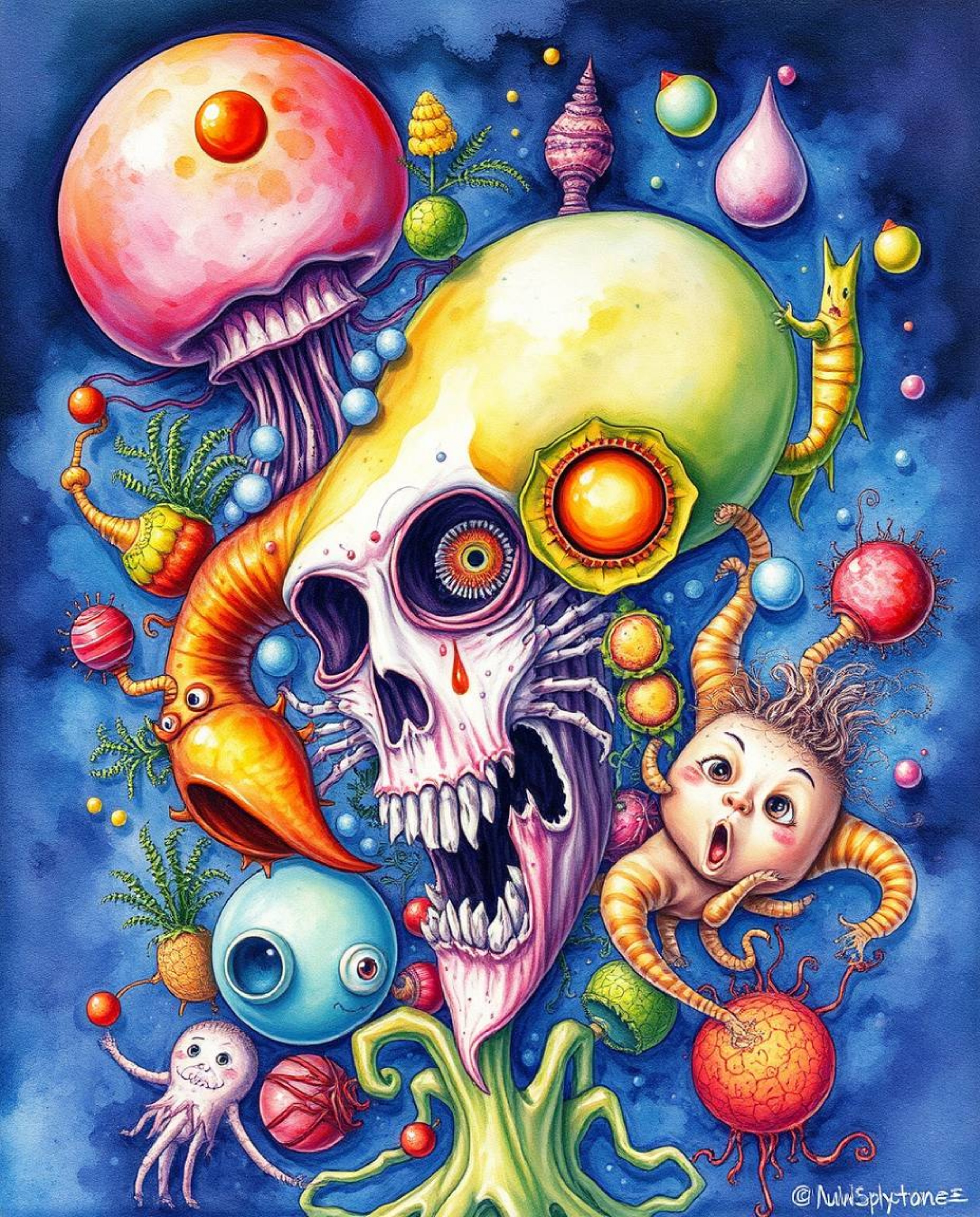 This surreal watercolor painting showcases a fantastical and bizarre scene rendered in vivid, chaotic yet harmonious colors. 