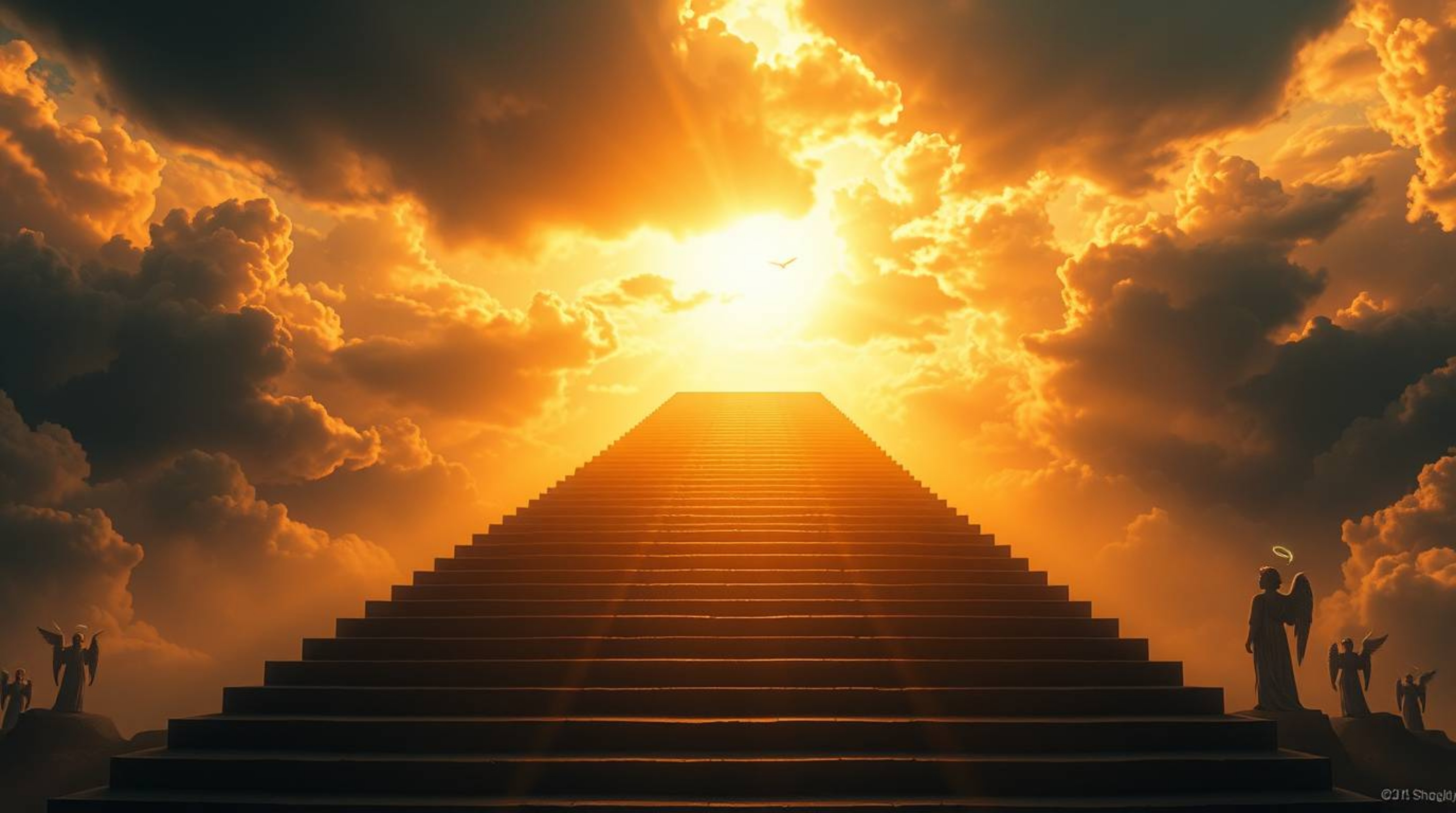 This dramatic digital painting depicts warm, golden steps ascending into a stormy sky, creating a captivating contrast betwee