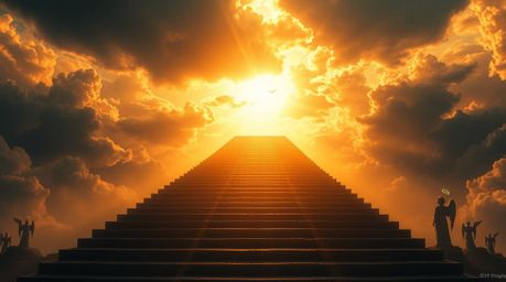 This dramatic digital painting depicts warm, golden steps ascending into a stormy sky, creating a captivating contrast betwee