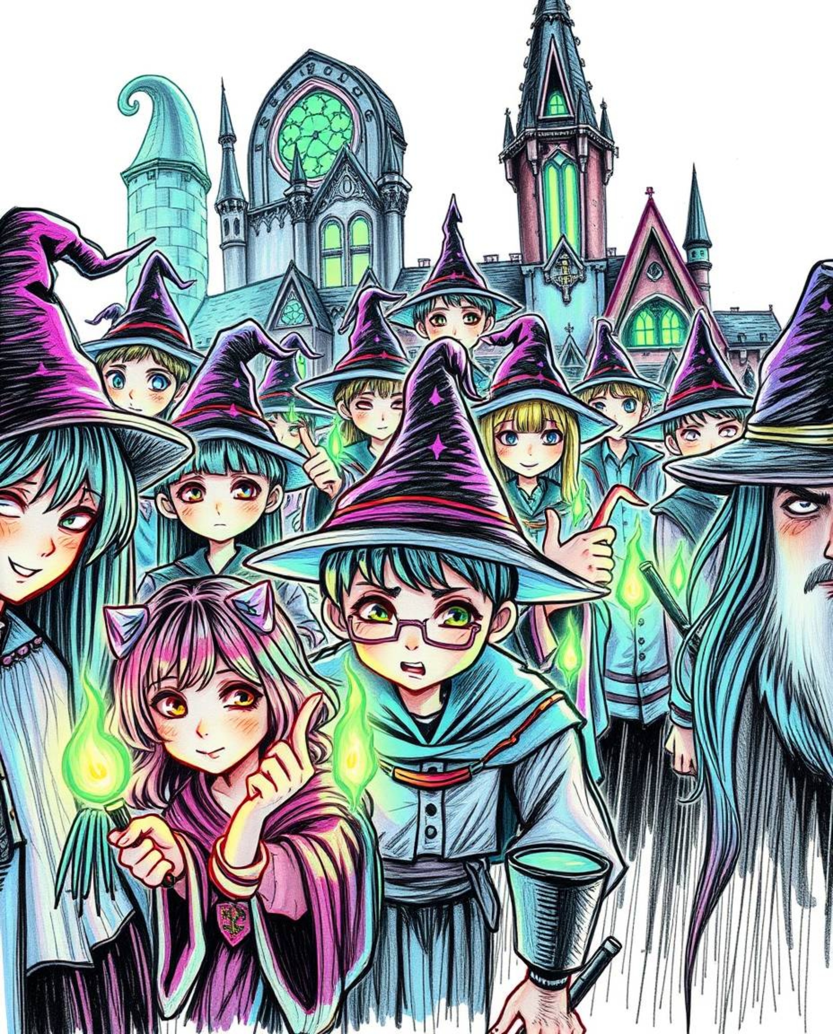 Explore a magical school teeming with young wizards in this captivating artwork. Featuring an extreme macro close-up perspect