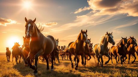A stunning high-resolution stock photo captures a herd of wild horses running freely under a breathtaking glowing sky.  The i