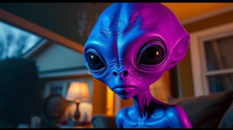 A captivating image portraying an alien with striking violet skin and large, black eyes residing in a typical suburban home. 