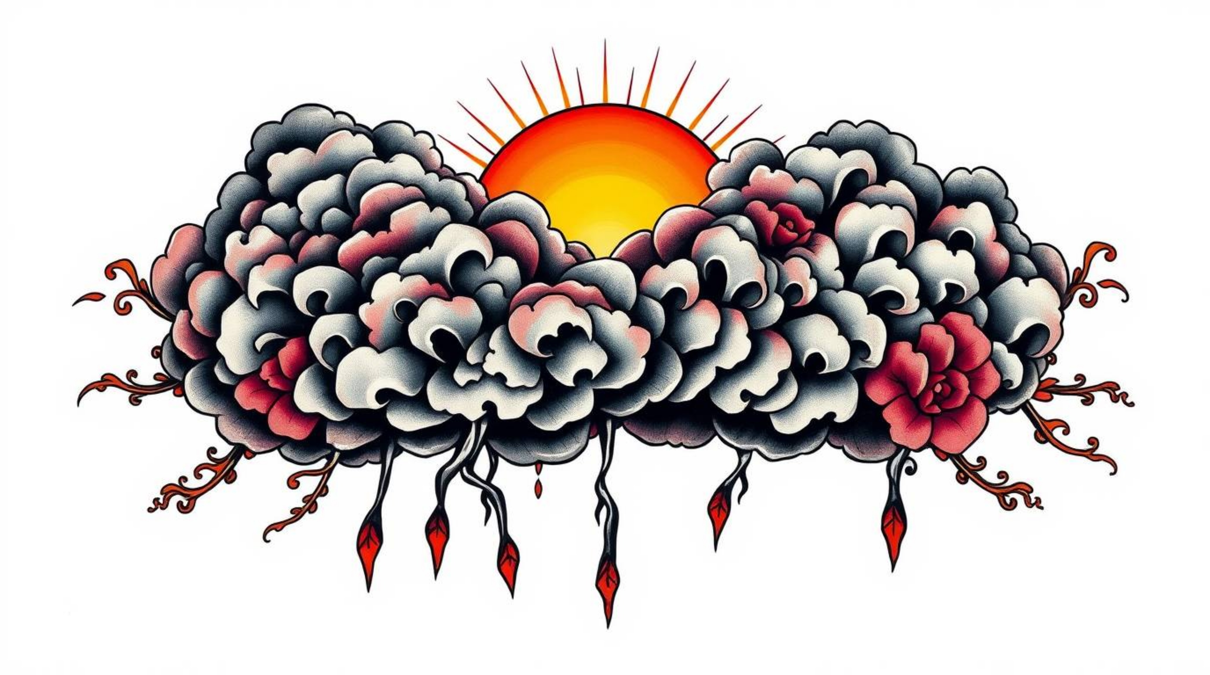This art print showcases a traditional tattoo style featuring classic black and white thunderstorm clouds dramatically illumi