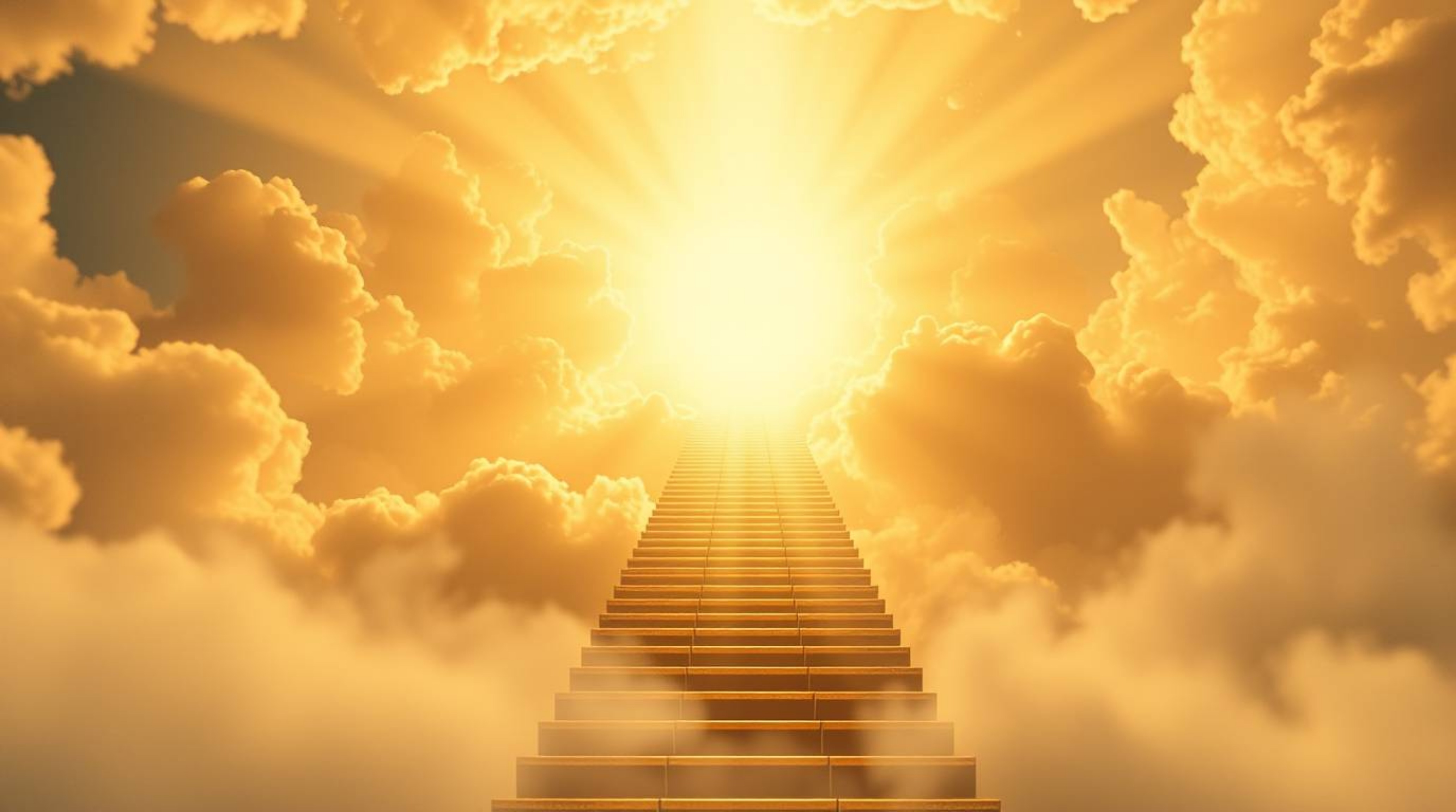 Ascend to a divine and ethereal realm with a breathtaking high-angle perspective of a golden staircase piercing through fluff