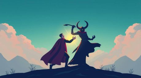 A captivating image depicts a mystical superhero logo featuring a caped hero battling a comical villain. The enchanting scene